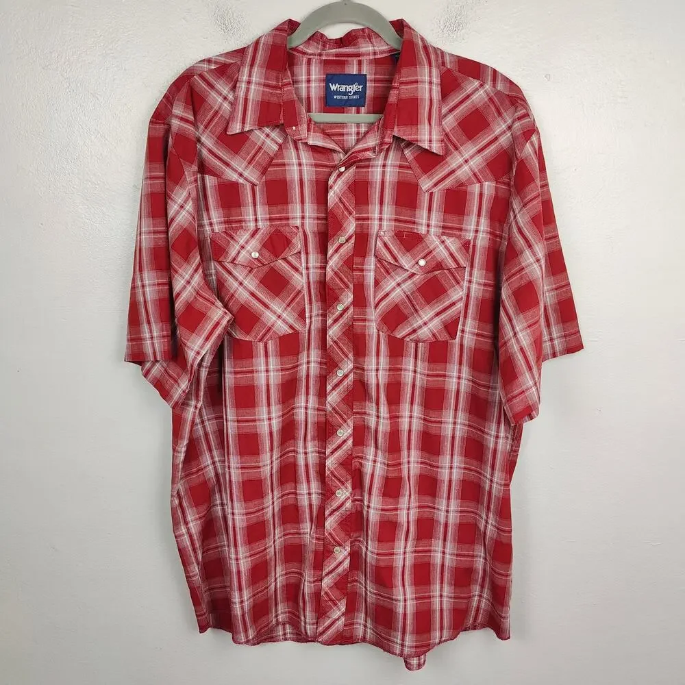 Vintage Wrangler Pearl Snap Button Shirt Men XLT Red Plaid Check Western Country